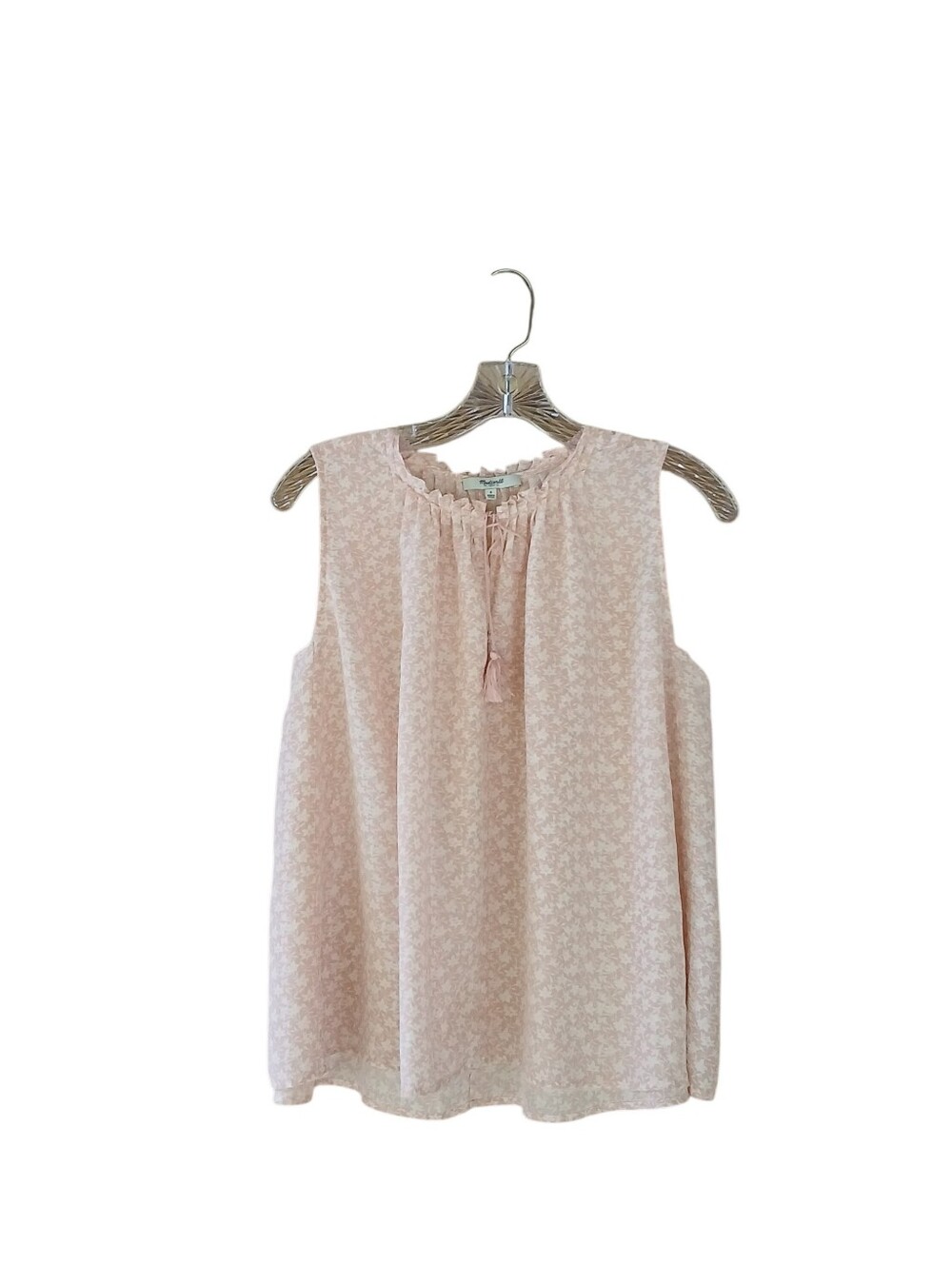 Madewell Pink Floral Sleeveless Ruffle Trimmed Tie Neck Silk Blouse Small